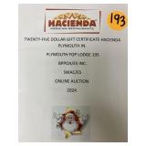 Plymouth HACIENDA $25 gift certificate