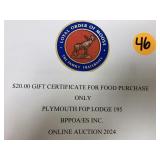 Loyal order of the Moose $20 gift Certificate for