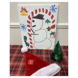 Snowman painting, Santa hat, tree candle