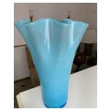 Blue glass vase with chip 14 3/4