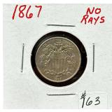 1867 Shield Nickel No Rays