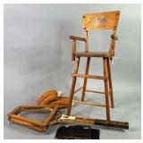 Vintage High Chair, Wilson Tennis Racket & Knee Pads