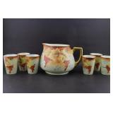 Hand-Painted Limoges Pitcher with Six Tumblers