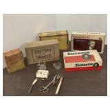 Cigar boxes with ivory craving knife, keys etc