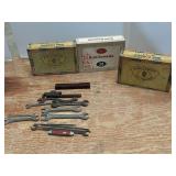 Cigars boxes w/antique wrenches pocket knife