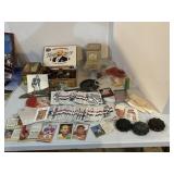 Trading cards, coin bags, cigar box with pop