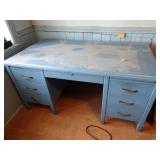 Vintage Blue Wooden Desk with Drawers & Contents