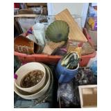 Lot with planters, tackle box, candy dishes, and