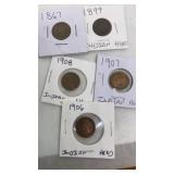 (5) assorted Indian head cents