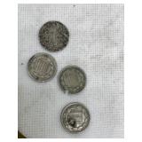 (4) Assorted 3-cent pieces with damage