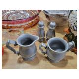 Pewter creamer, sugar bowl, salt & pepper shakers