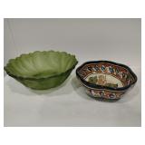 Green Glass bowl and a pottery hand painted