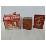 Vintage metal tins syrup ,tea ,tobacco