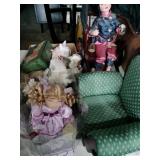 Group of dolls ,chair, wind chime