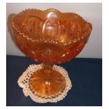 Vtg Orange Carnival Glass Pedestal Bowl