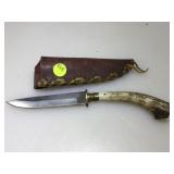 Antler Handled Knife w/ Leather Belt Sheath