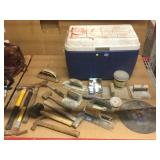 Coleman cooler, assorted hammers, trowels and