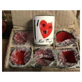 6 NiB porcelain  I heart LV shot glasses