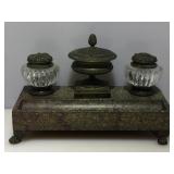 Antique Bronzed-Brass On Stone Inkwell.