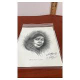 Signed native American woman pencil drawing