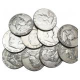 Lot of (10) 90% Silver Franklin Half Dollars