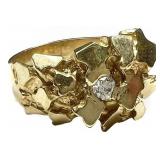 Mens Solid 10K Yellow Gold Diamond Nugget Ring