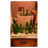 Lot of old green and clear glass bottles