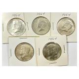 Lot of (5) 90% Silver 1964 Kennedy Half Dollars