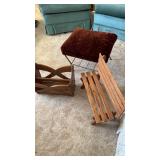 Footstool , wooden magazine rack and wooden doll