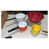 Enamelware, pots and bowl