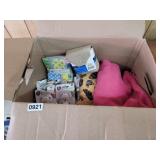 BOX OF FABRIC, PACIFIERS, PLUS