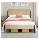 Full Size Bed Frame with Rattan Headboard