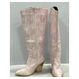 Pink faux crocodile knee high cowboy boots