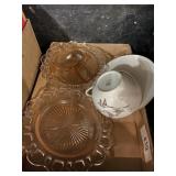 pink depression glass lace bowl and serving dish