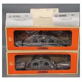 Two Lionel modern O F9 well cars with cable reels in original boxes