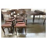 Antique table w/ 5 chairs, 1 arm chair, 4 leaves
