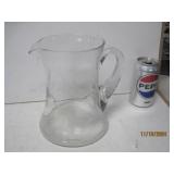 Vtg Heavy Clear Glass Etched Water Pitcher