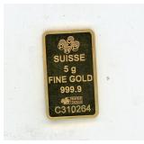 5 Gram 999.9  Fine Gold Bar Suisse