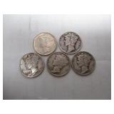 (5) Mercury Dimes 1940, 41, 43, 43, 44-S