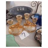 Orange carnival glass candle holders