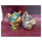 five glass ornaments (chickens and squirrel)