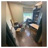 Room of Contents Including Junction Boxes, School Desks, Metal Cabinet, Mini Fridge