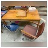 A 60x36x27 Inch Wooden Table with Paper Cutter and 2 Chairs