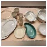 Box of Misc. Dishes - Corning - Haeger Flower ware - platters - Glass Pie Pan etc.