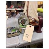 Assorted Decorative Figures Including - Wooden Sail Boat Replica - Super Bowl XL Steelers World Champion Snow Globe - PNC Park Stadium Replica - Quartz Time Clock