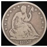 1858-O SEATED LIBERTY HALF DOLLAR VG