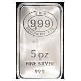 (1) 5 OZ .999 SILVER JBR RECOVERY LTD BAR