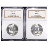 1952 & 1955 FRANKLIN HALVES NGC MS65