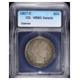 1907-D BARBER HALF DOLLAR ICG BU DETAILS CLEANED