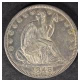 1848 SEATED LIBERTY HALF DOLLAR AU